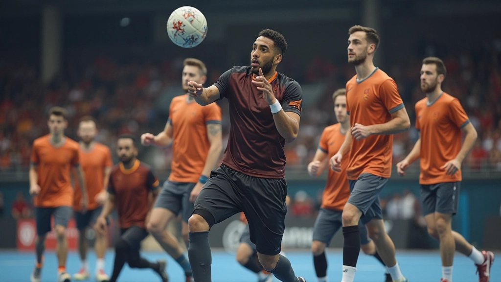 مجموعة من لاعبي كرة اليد يقومون بتمارين جماعية في صالة التدريب