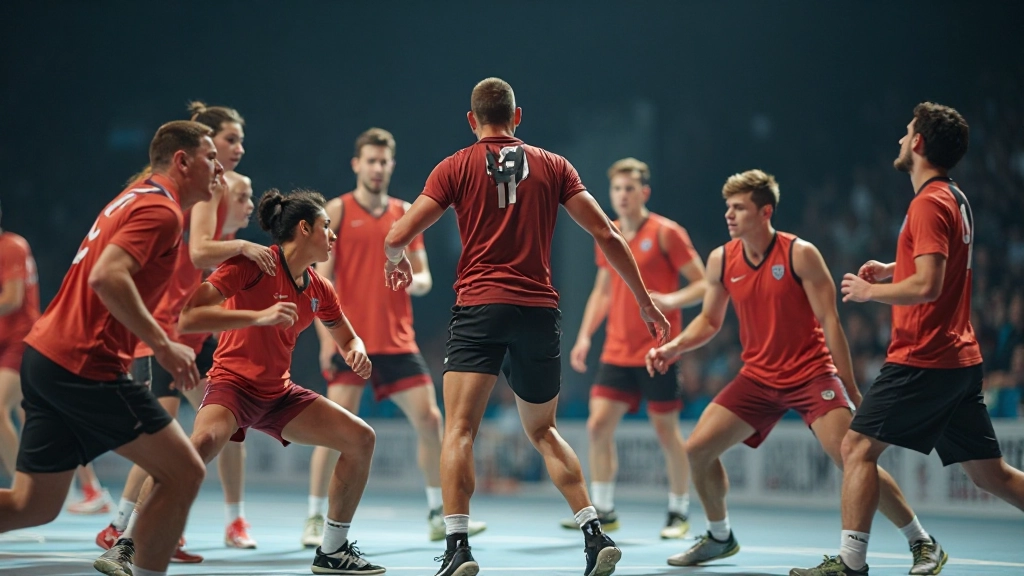 فريق كرة يد متعاون يقوم بحركة تكتيكية منسقة