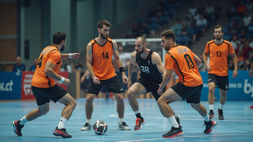 مجموعة لاعبي كرة يد يؤدون تمارين تكتيكية جماعية