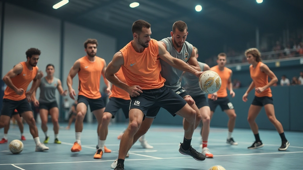 مجموعة لاعبي كرة يد يؤدون تمارين تكتيكية جماعية