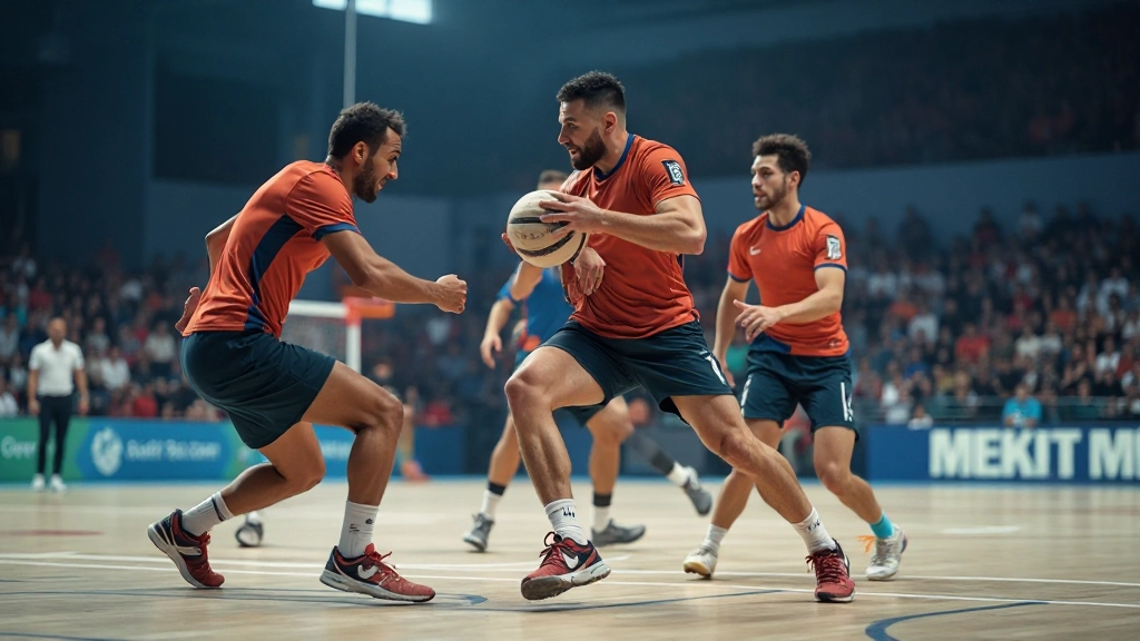 فريق كرة يد محترف يقوم بحركة هجومية منسقة على أرض الملعب