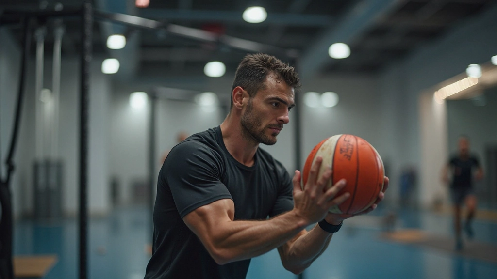 لاعب كرة يد يقوم بتمارين تقوية شاملة في صالة الرياضة
